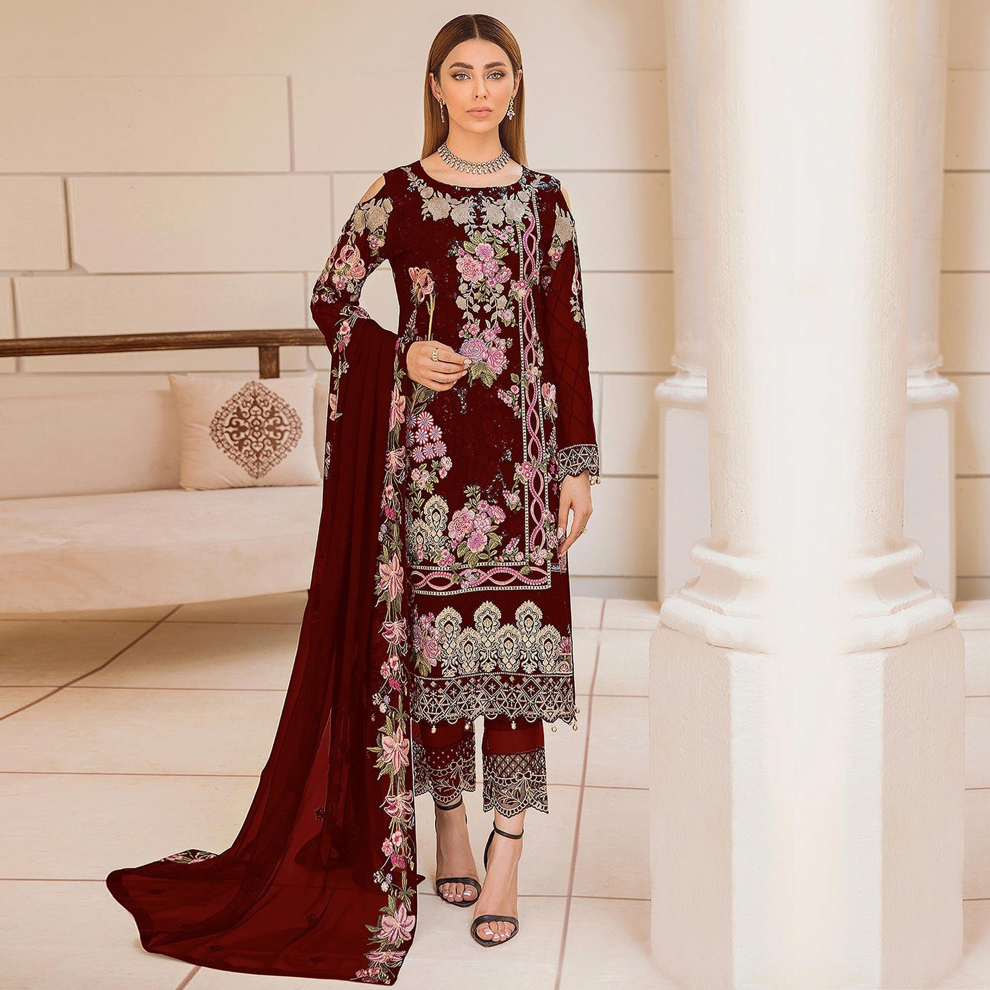 Maroon Embroidered Georgette Pakistani Suit