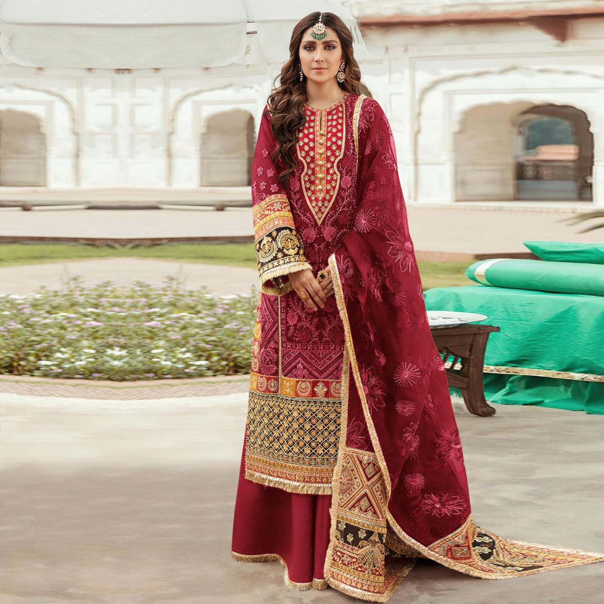 Maroon Embroidered Georgette Pakistani Suit