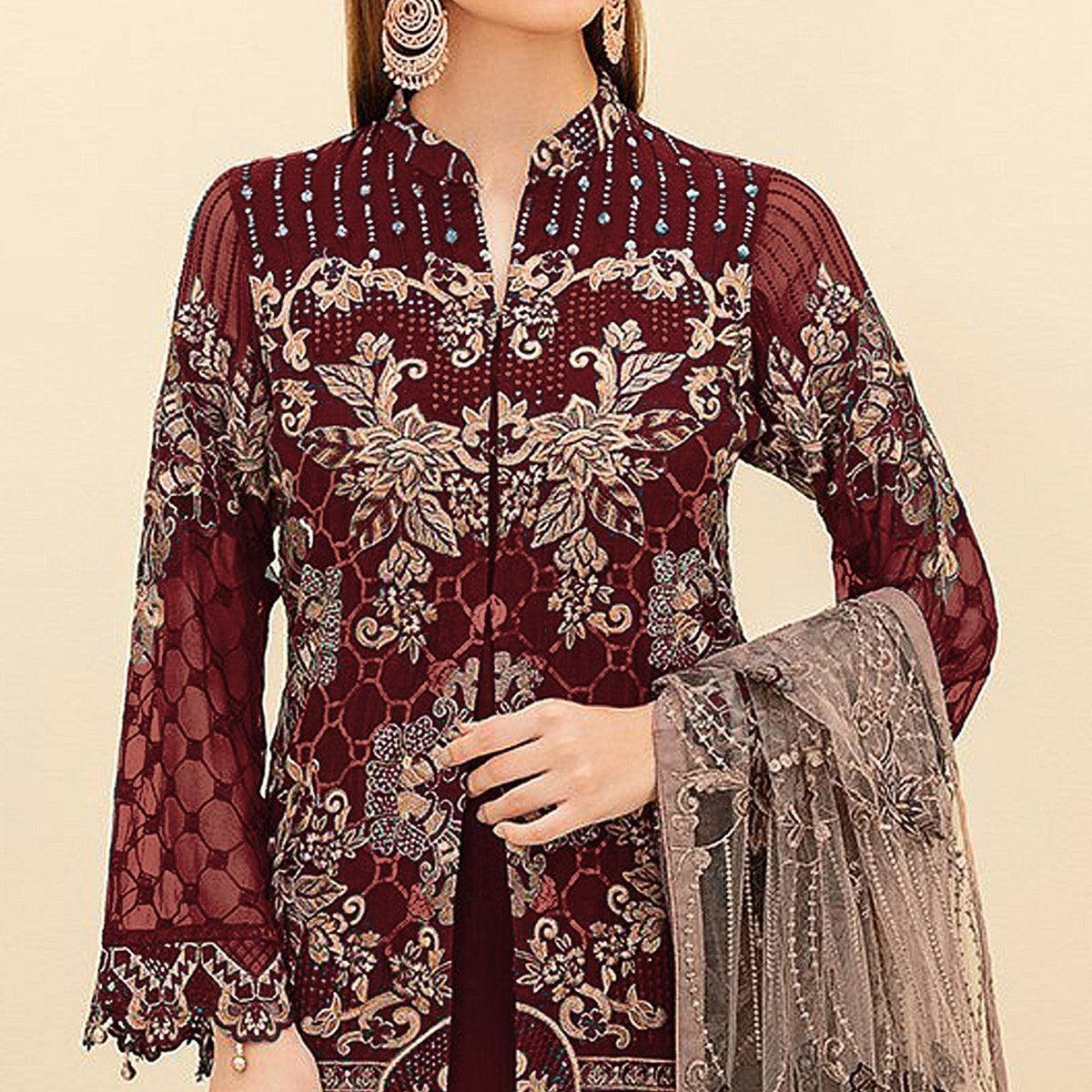 Maroon Embroidered Georgette Pakistani Suit