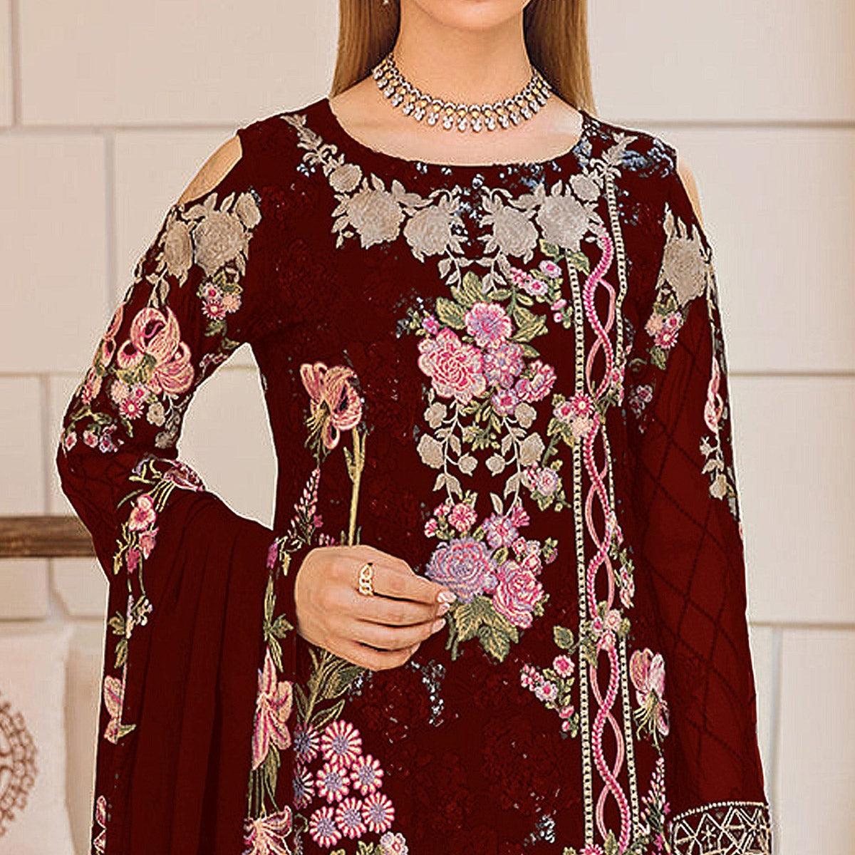Maroon Embroidered Georgette Pakistani Suit