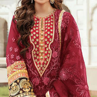 Maroon Embroidered Georgette Pakistani Suit