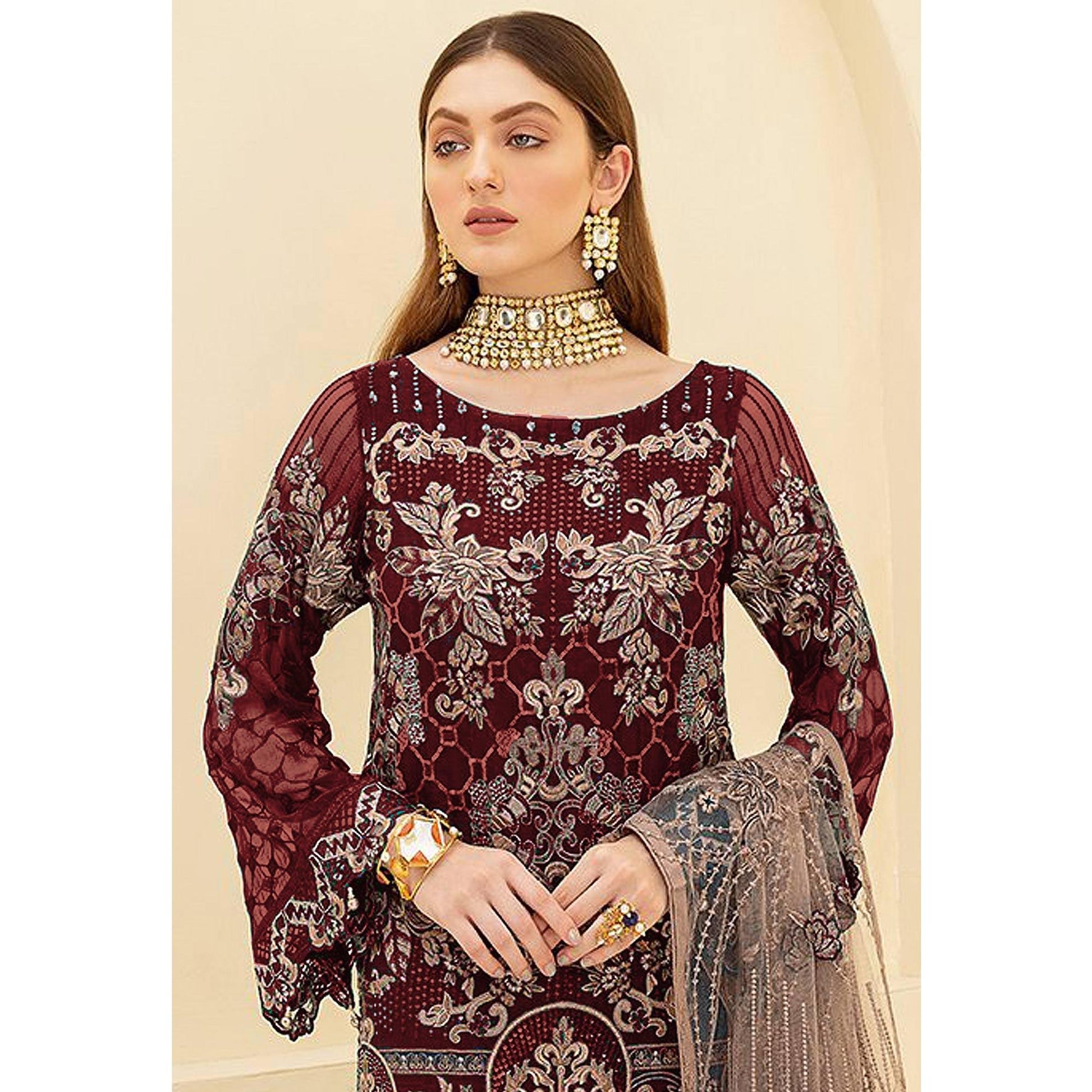 Maroon Embroidered Georgette Pakistani Suit