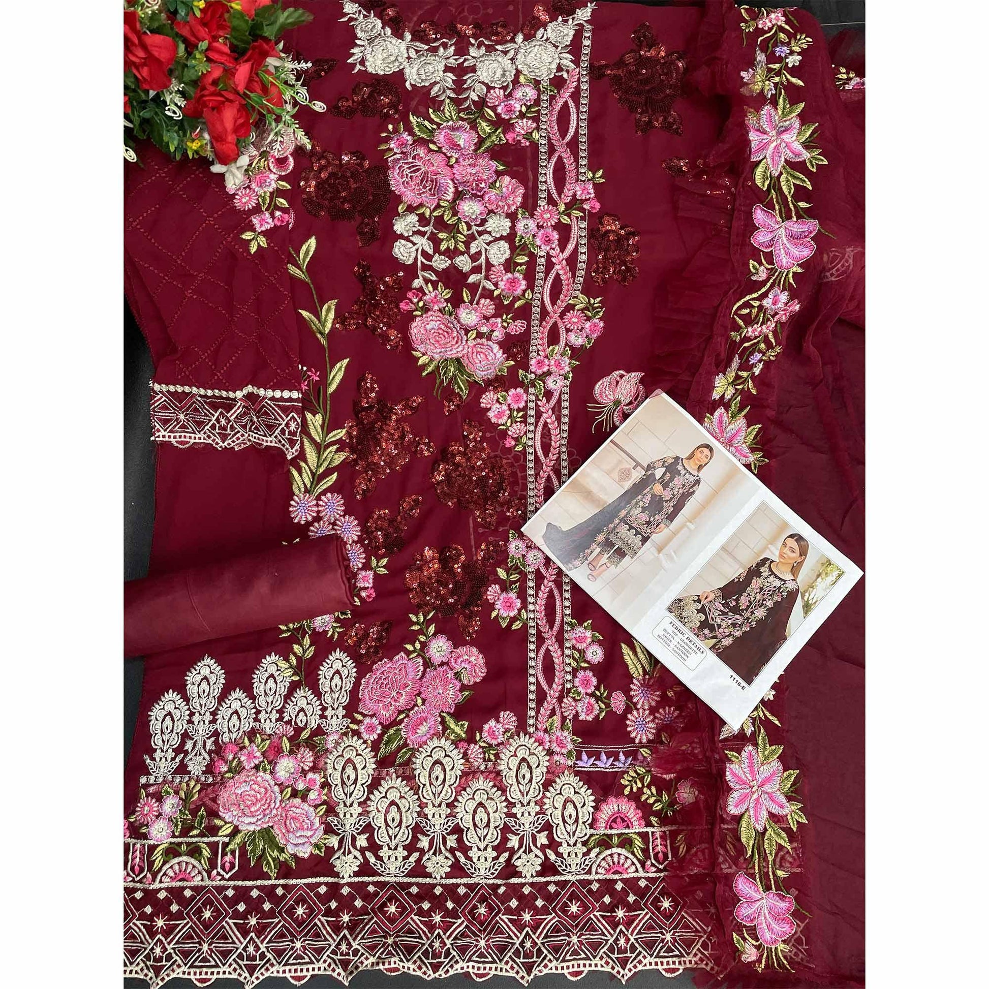 Maroon Embroidered Georgette Pakistani Suit