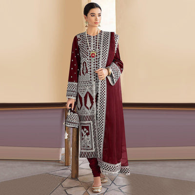 Maroon Embroidered Georgette Partywear Pakistani Suit