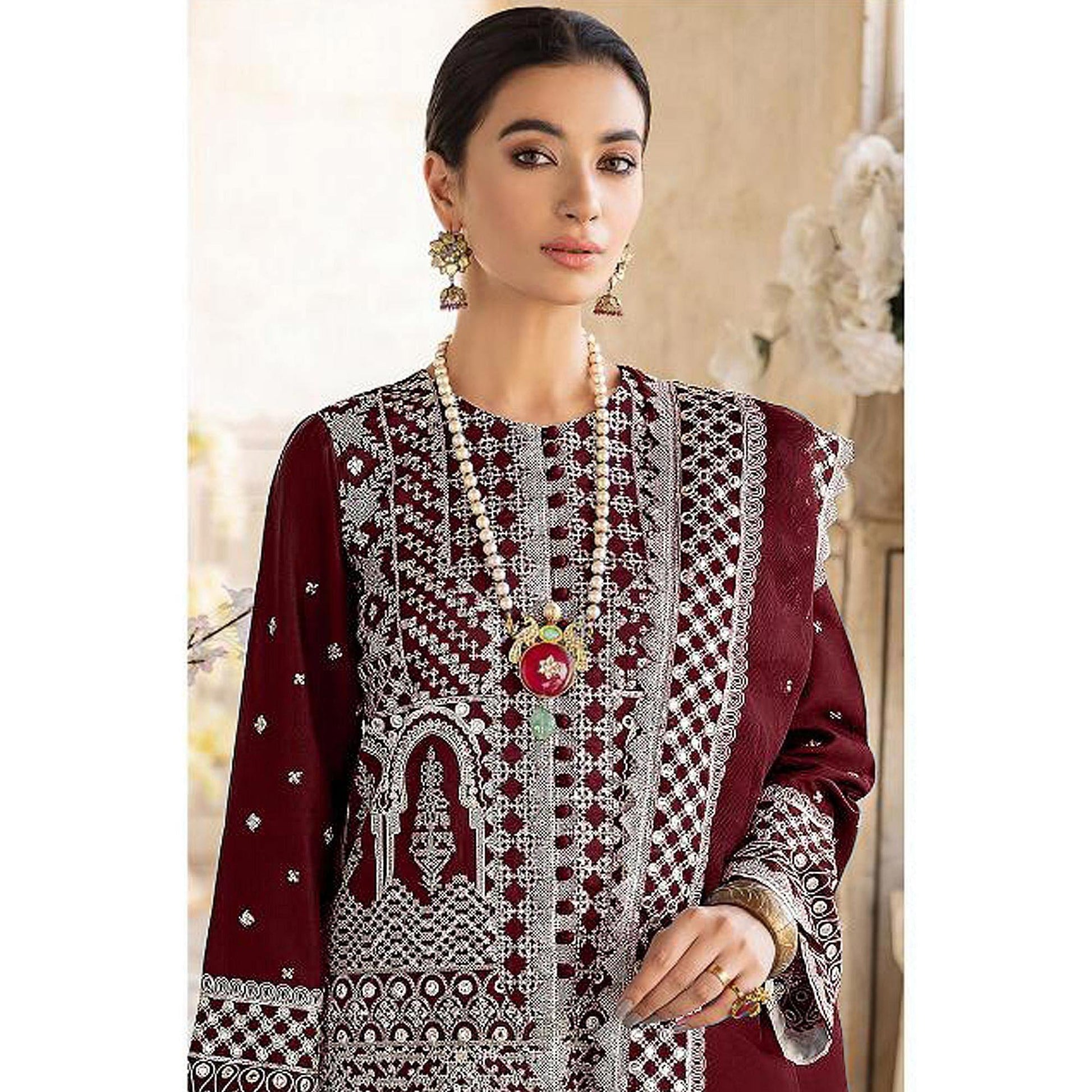 Maroon Embroidered Georgette Partywear Pakistani Suit