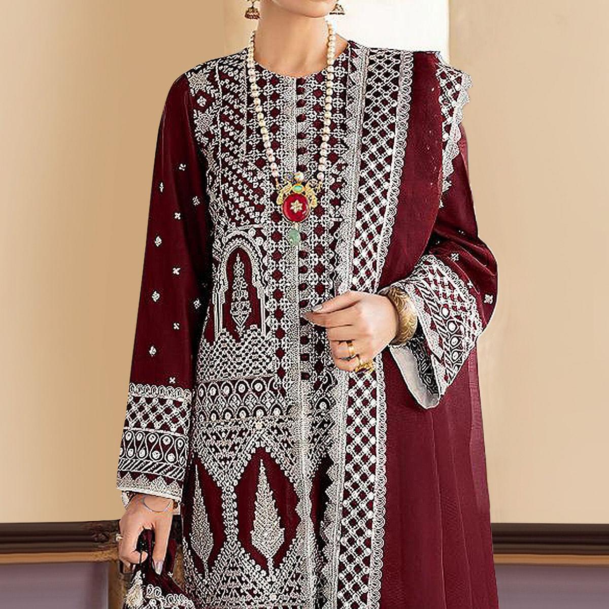 Maroon Embroidered Georgette Partywear Pakistani Suit