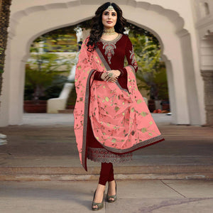 Maroon Embroidered Georgette Partywear Suit