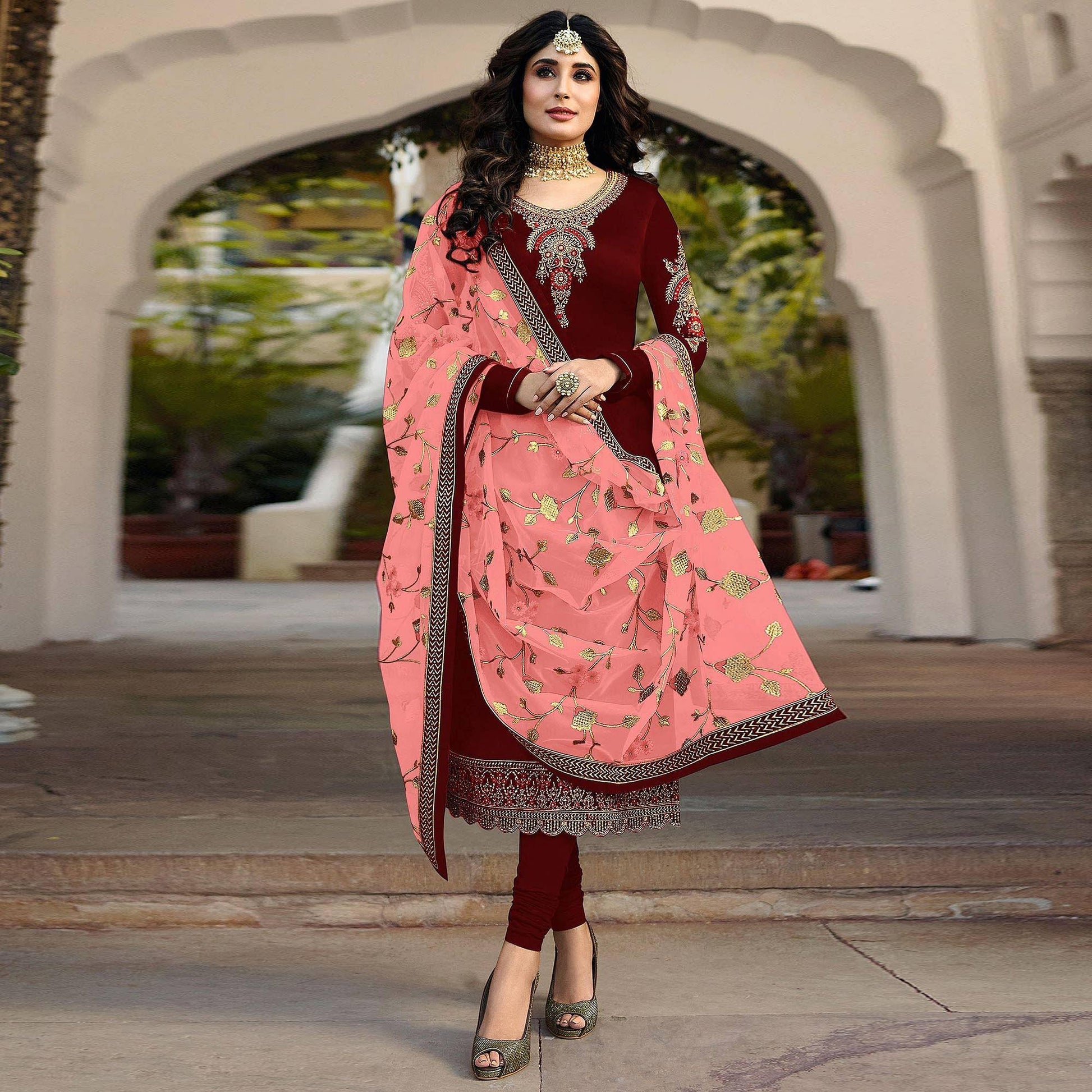 Maroon Embroidered Georgette Partywear Suit