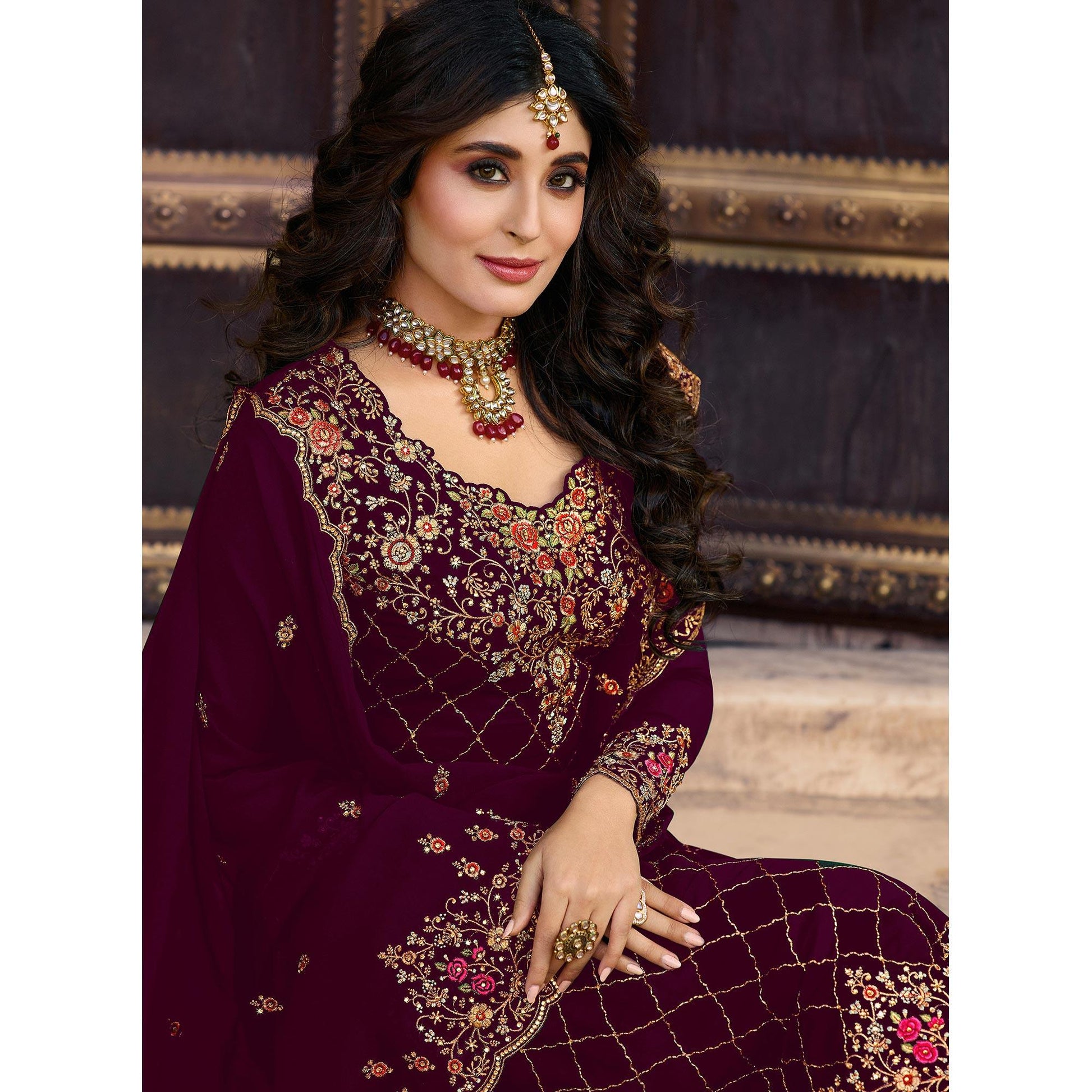 Maroon Embroidered Georgette Partywear Suit