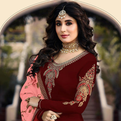 Maroon Embroidered Georgette Partywear Suit