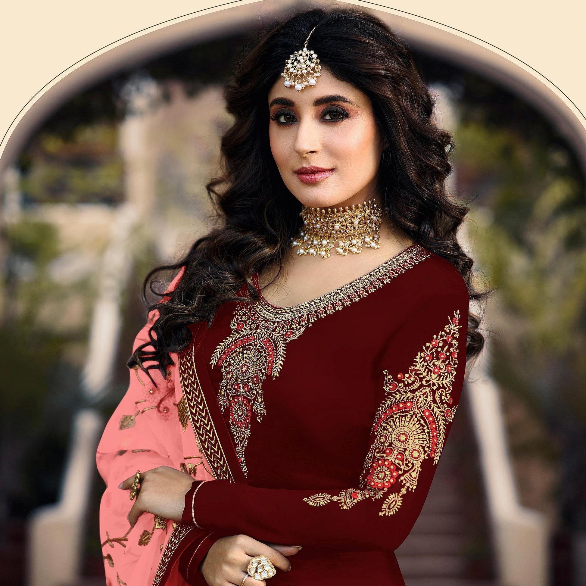 Maroon Embroidered Georgette Partywear Suit
