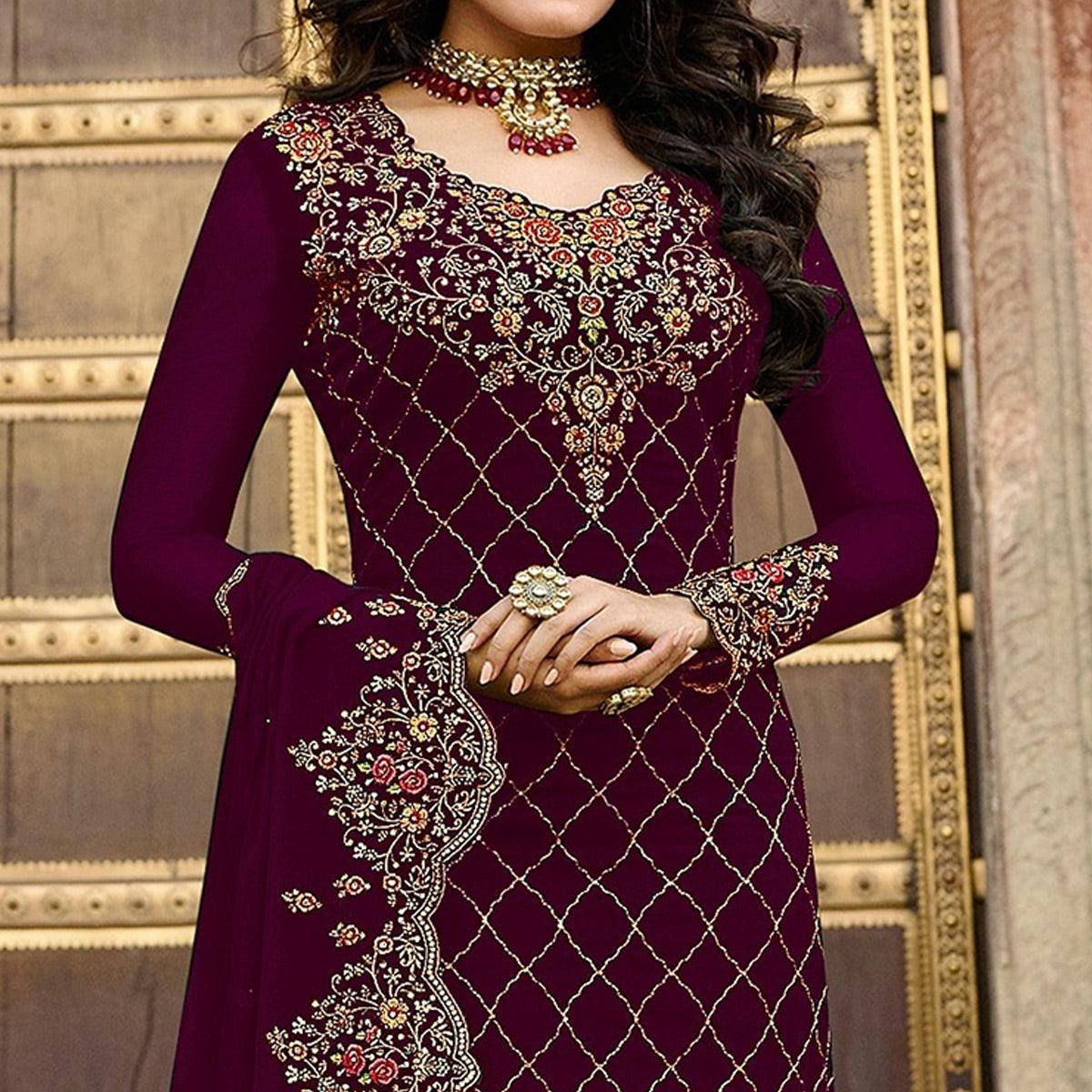Maroon Embroidered Georgette Partywear Suit