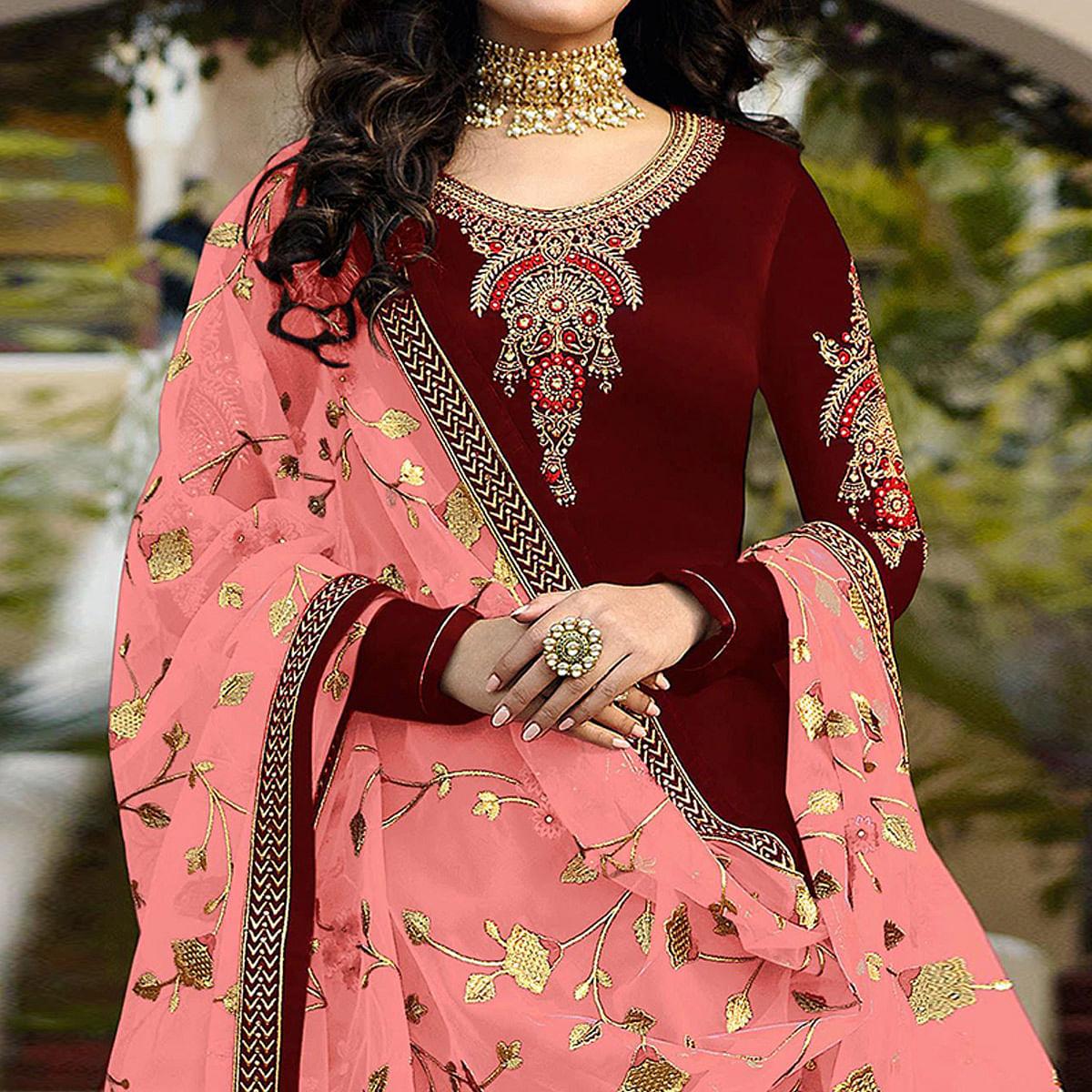 Maroon Embroidered Georgette Partywear Suit