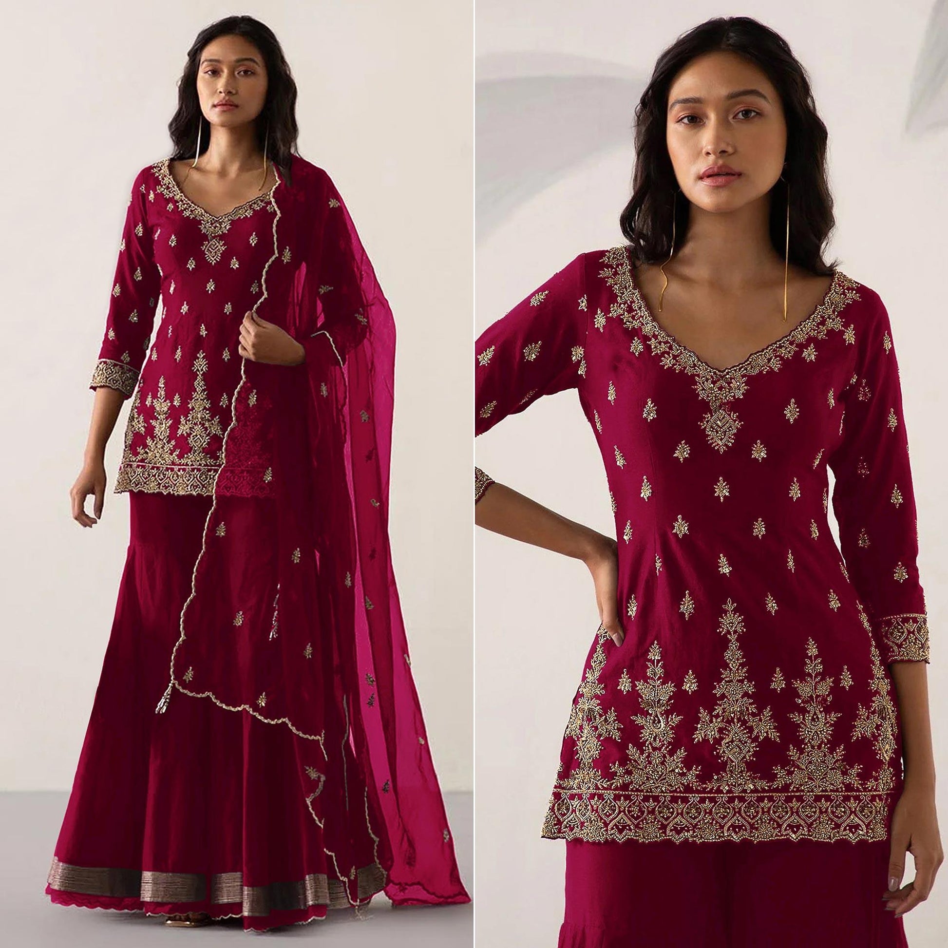 Maroon Embroidered Georgette Sharara Suit