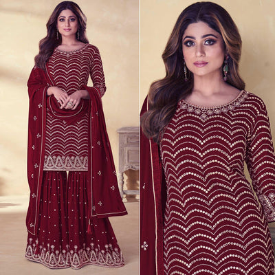 Maroon Embroidered Georgette Sharara Suit