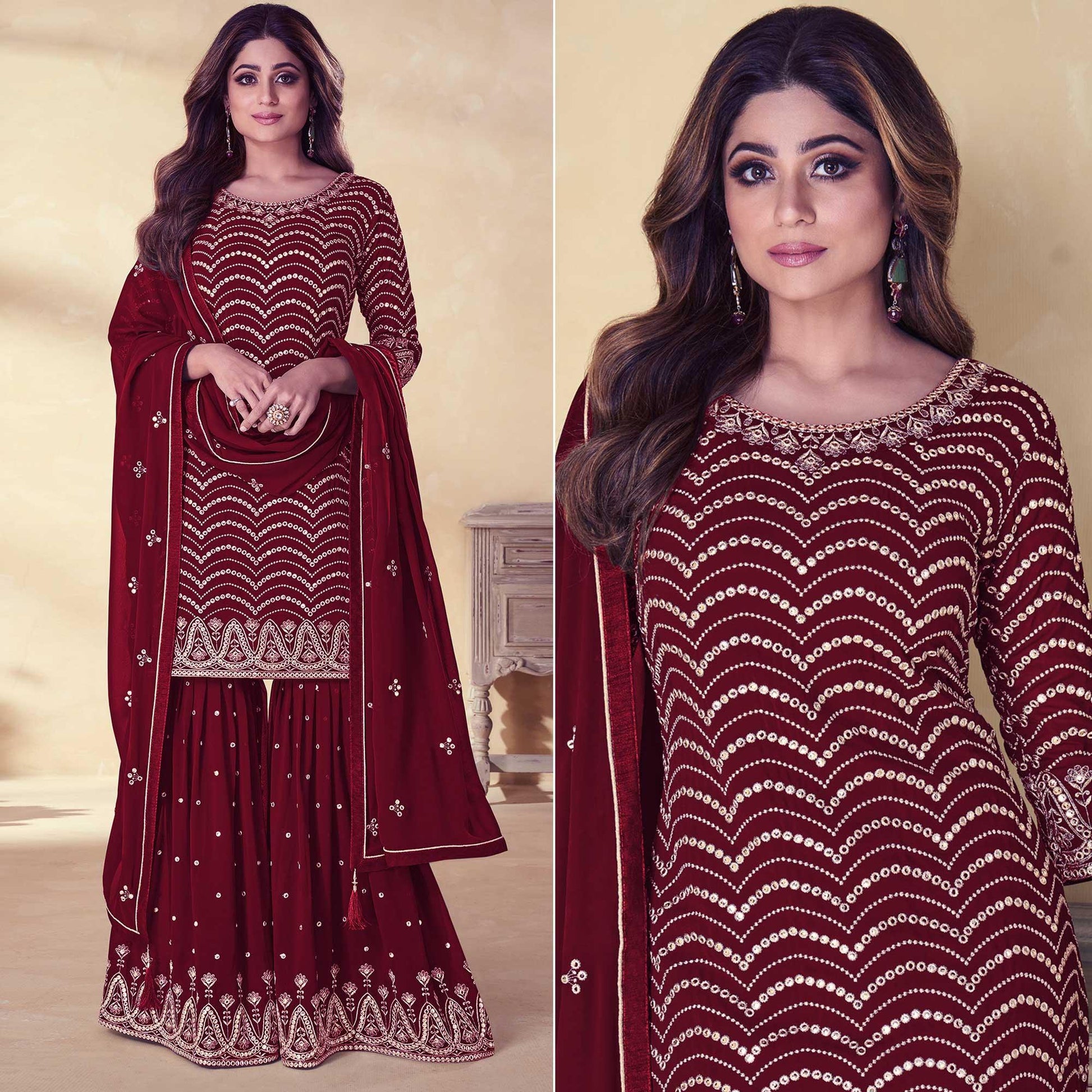 Maroon Embroidered Georgette Sharara Suit