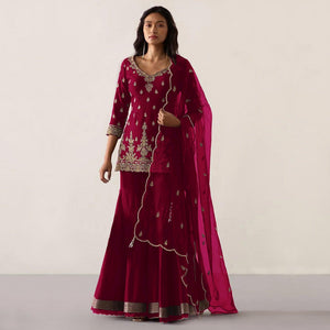 Maroon Embroidered Georgette Sharara Suit