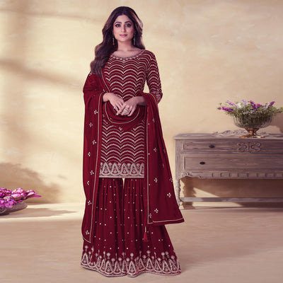 Maroon Embroidered Georgette Sharara Suit
