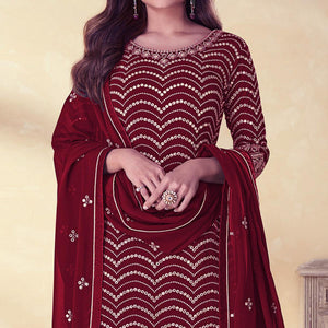 Maroon Embroidered Georgette Sharara Suit
