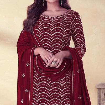 Maroon Embroidered Georgette Sharara Suit