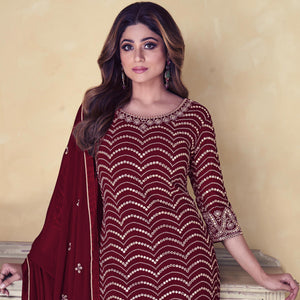 Maroon Embroidered Georgette Sharara Suit