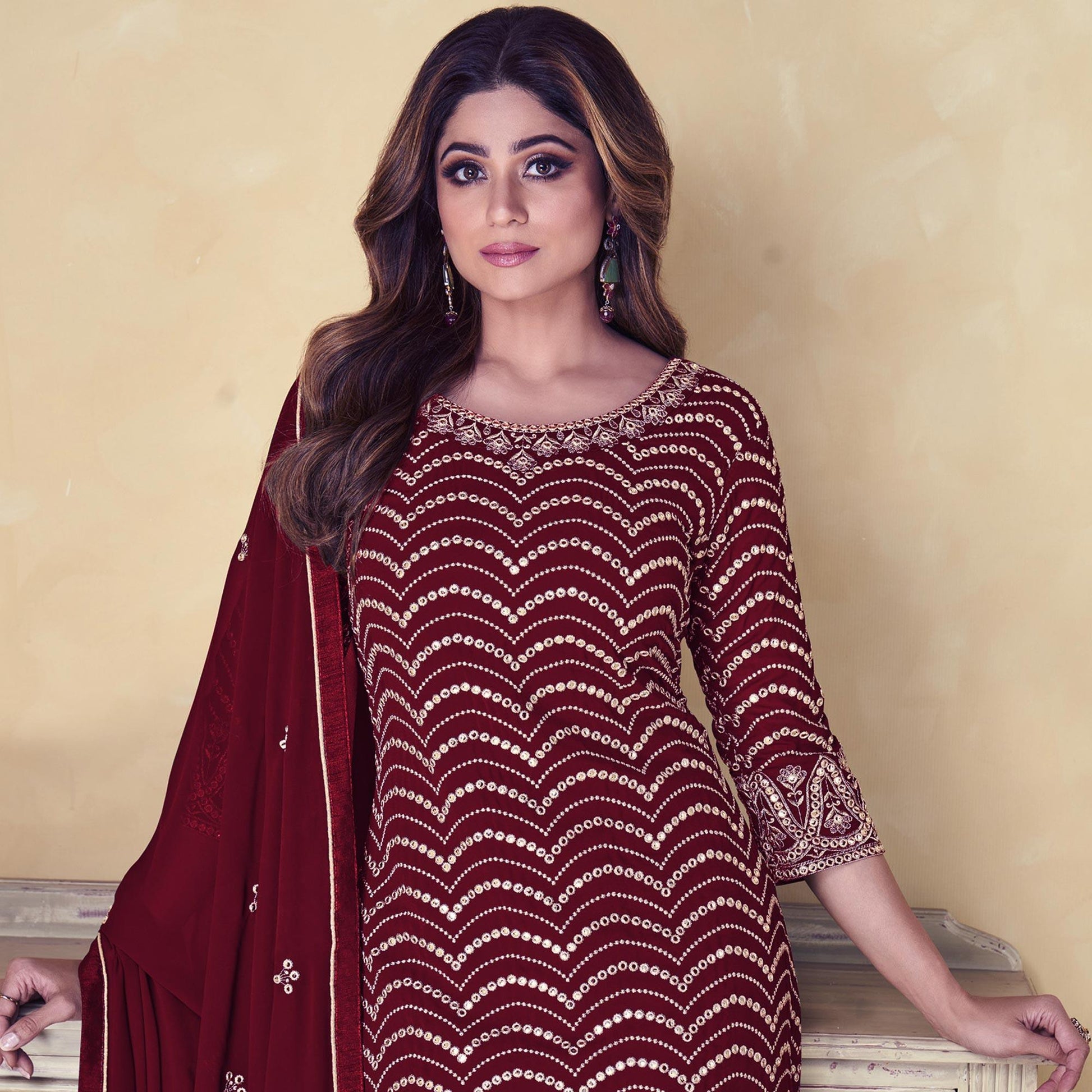 Maroon Embroidered Georgette Sharara Suit