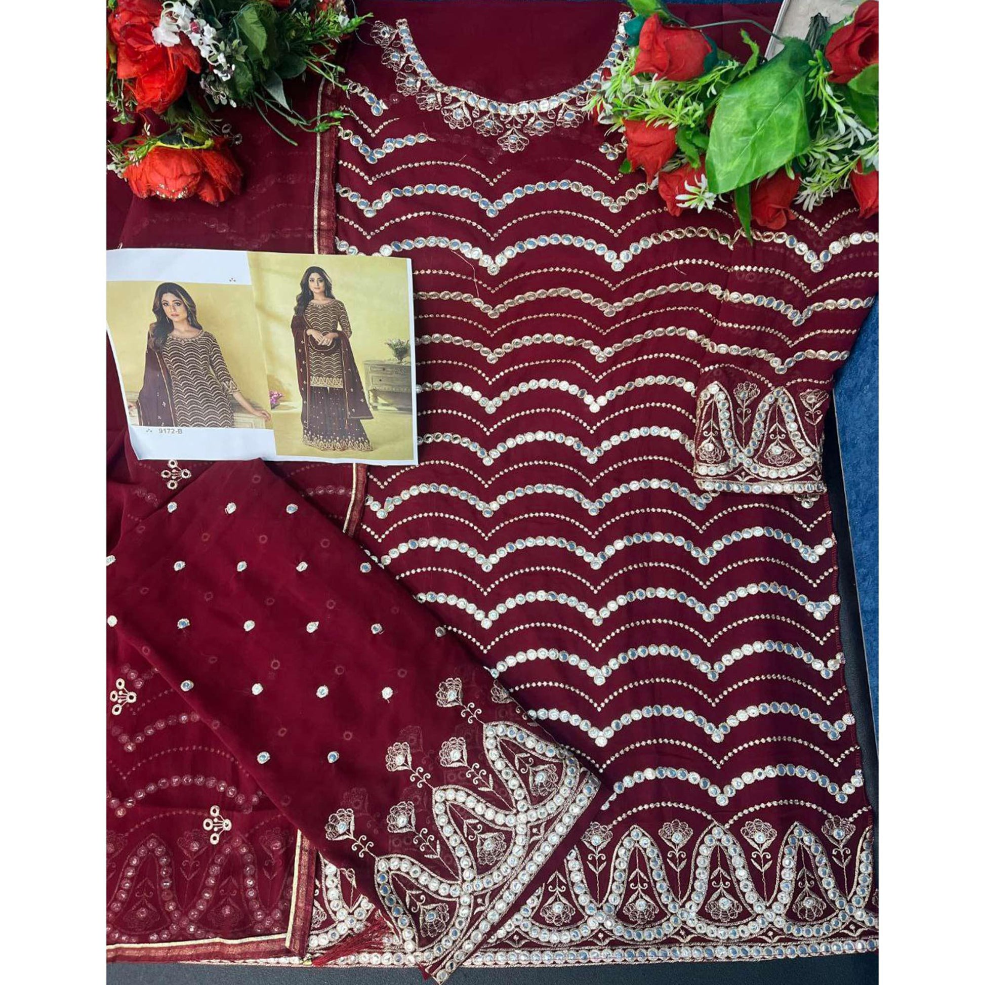 Maroon Embroidered Georgette Sharara Suit