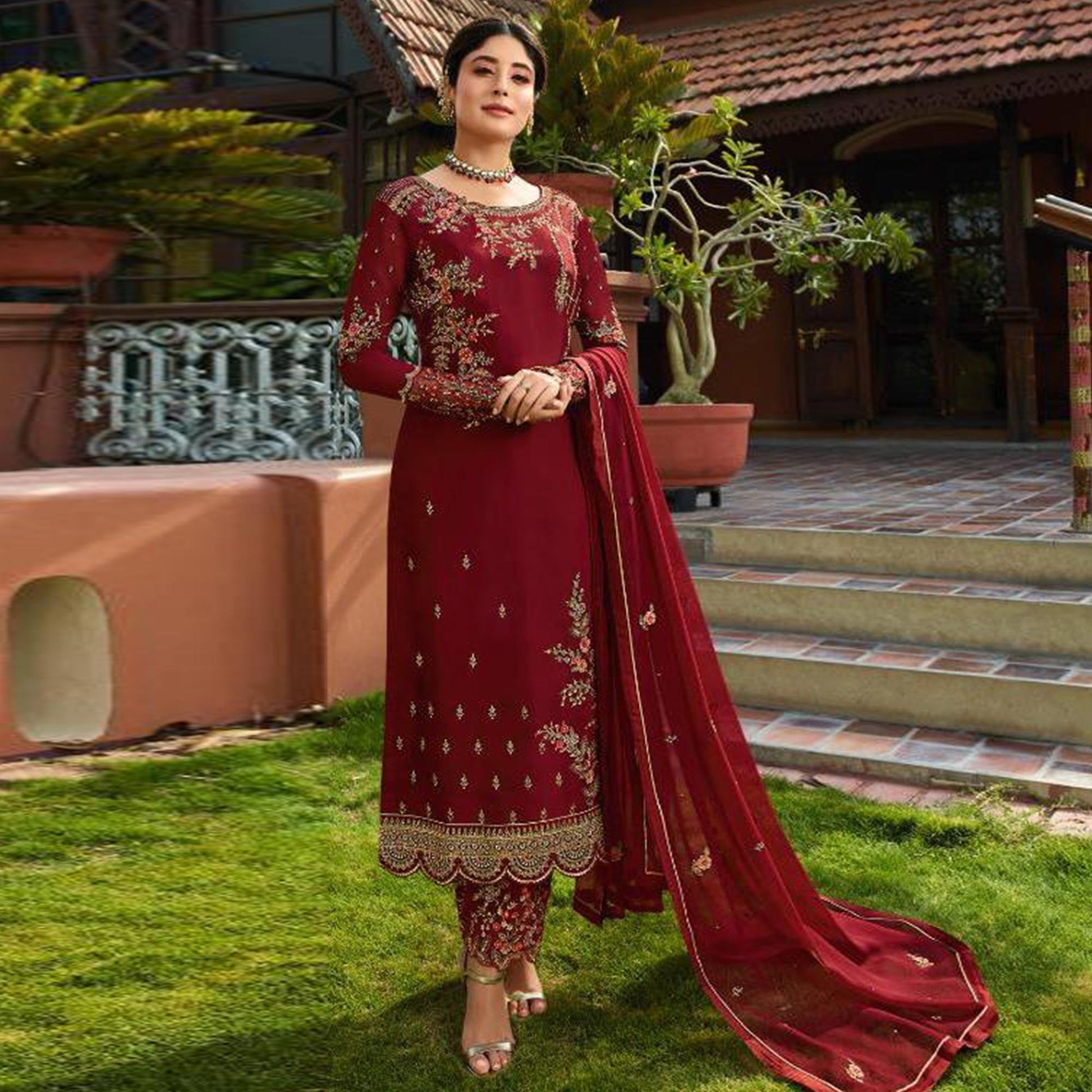 Maroon Embroidered Gerorgette Straight Partywear Suit