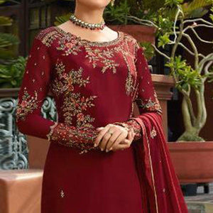 Maroon Embroidered Gerorgette Straight Partywear Suit