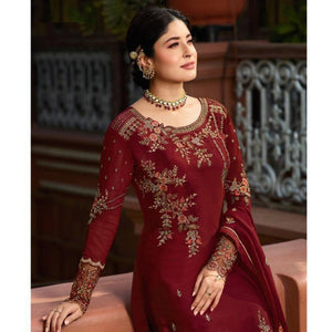 Maroon Embroidered Gerorgette Straight Partywear Suit