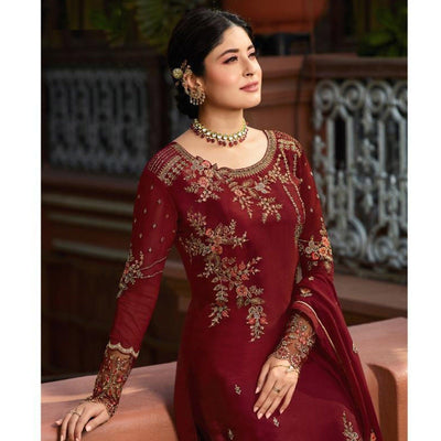 Maroon Embroidered Gerorgette Straight Partywear Suit