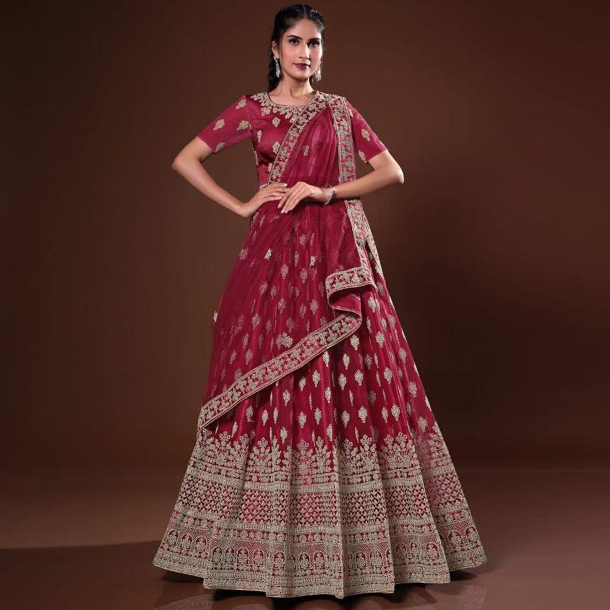 Maroon Embroidered Net Lehenga Choli