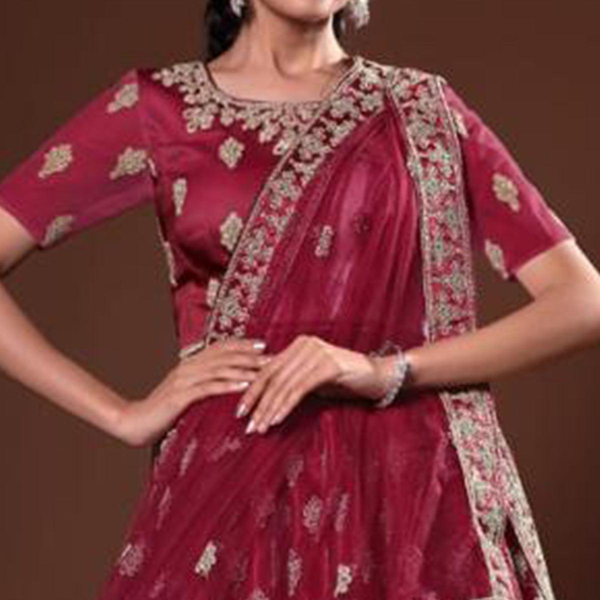 Maroon Embroidered Net Lehenga Choli