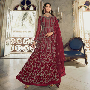Maroon Embroidered Netted Anarkali Style Gown