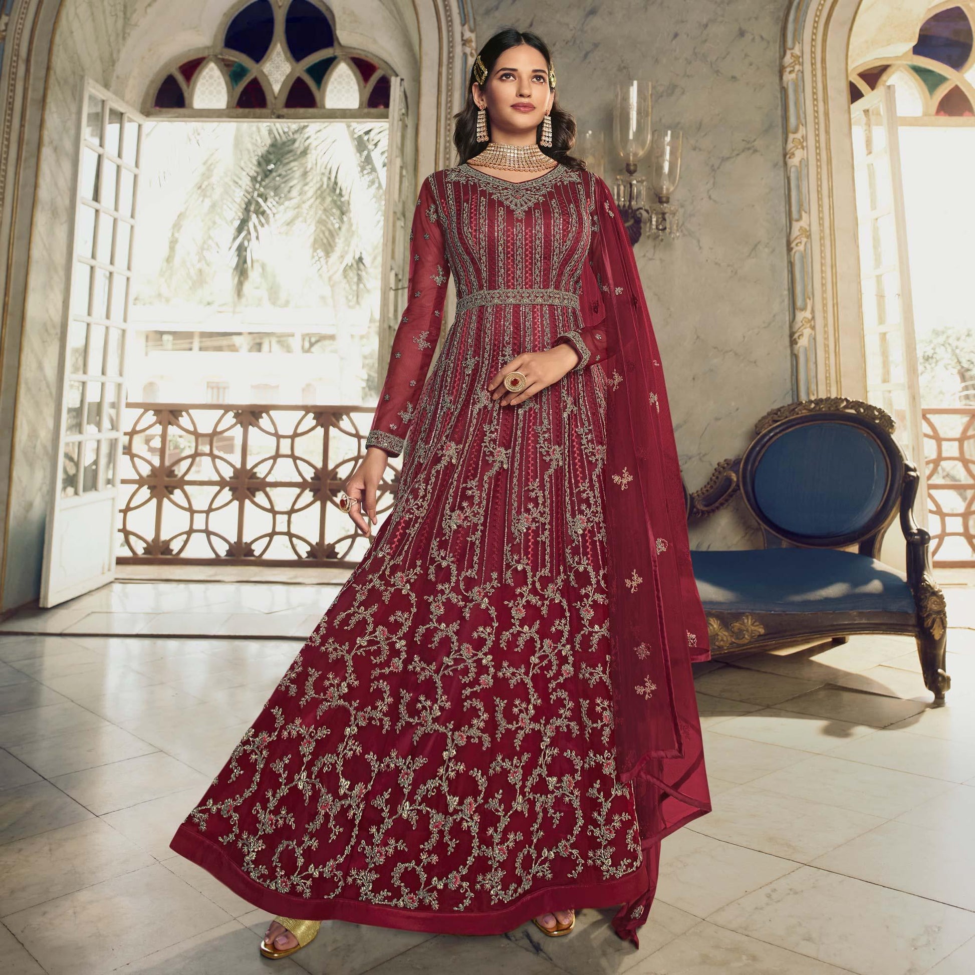 Maroon Embroidered Netted Anarkali Style Gown
