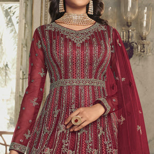 Maroon Embroidered Netted Anarkali Style Gown