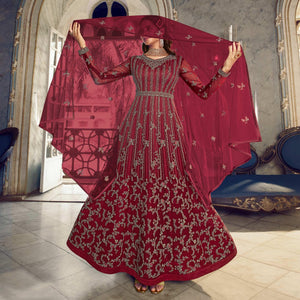 Maroon Embroidered Netted Anarkali Style Gown