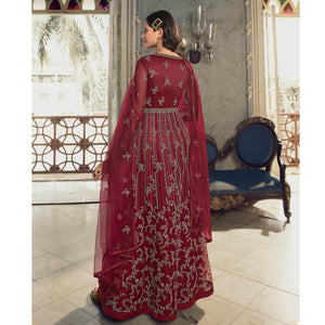 Maroon Embroidered Netted Anarkali Style Gown