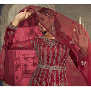 Maroon Embroidered Netted Anarkali Style Gown