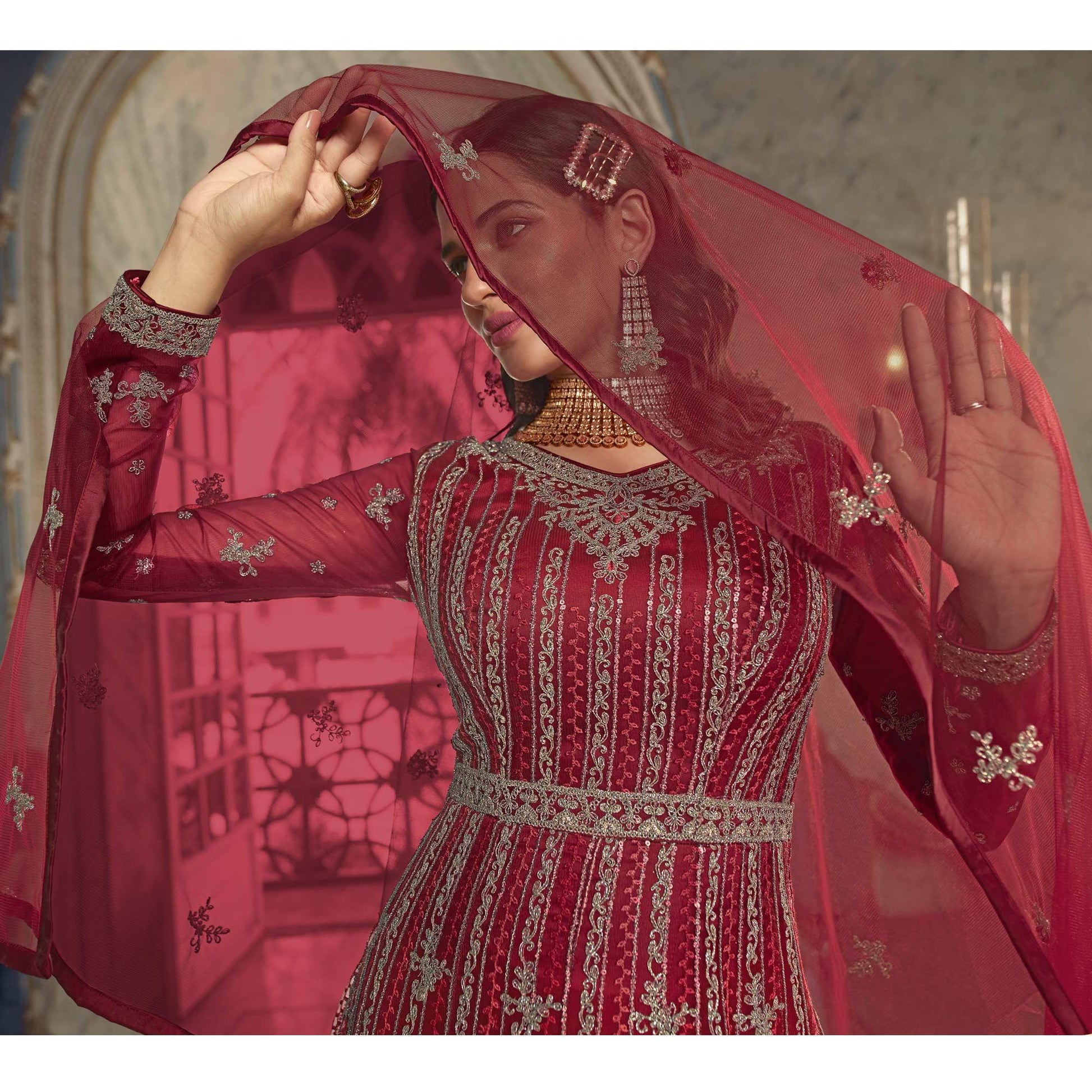 Maroon Embroidered Netted Anarkali Style Gown