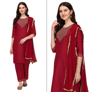 Maroon Embroidered Cotton Blend Kurti Pant Set With Dupatta