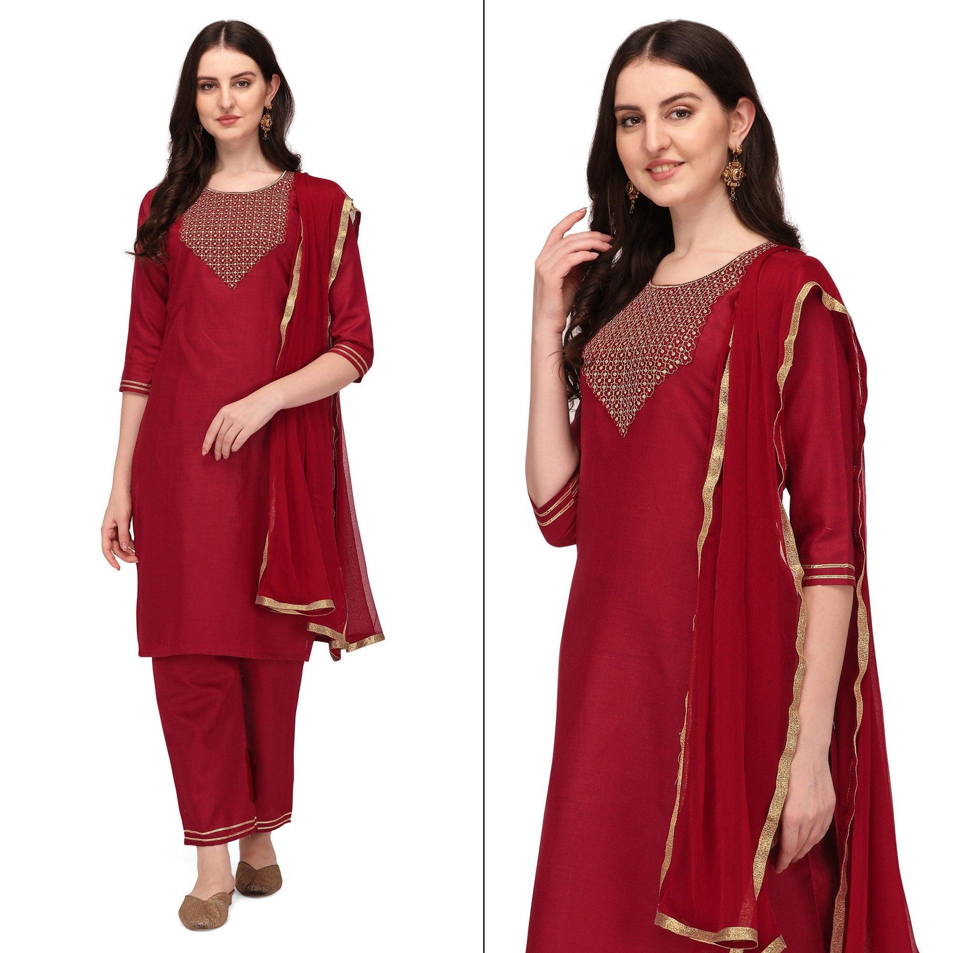 Maroon Embroidered Cotton Blend Kurti Pant Set With Dupatta