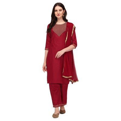 Maroon Embroidered Cotton Blend Kurti Pant Set With Dupatta