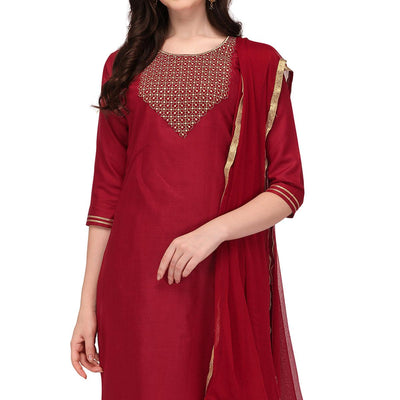 Maroon Embroidered Cotton Blend Kurti Pant Set With Dupatta