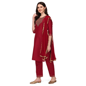 Maroon Embroidered Cotton Blend Kurti Pant Set With Dupatta