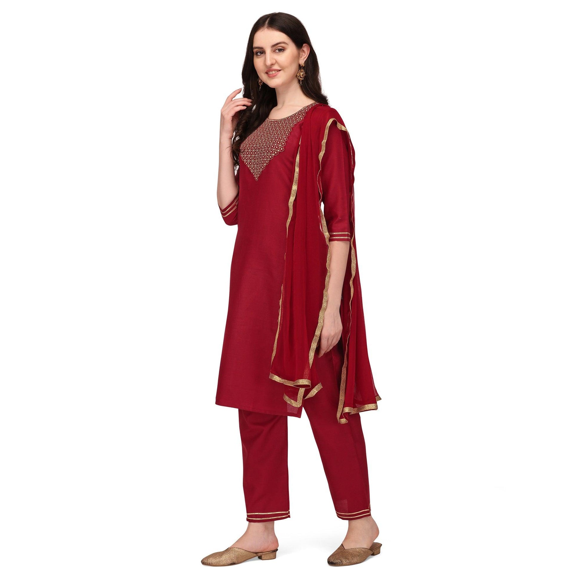 Maroon Embroidered Cotton Blend Kurti Pant Set With Dupatta