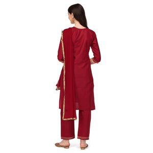 Maroon Embroidered Cotton Blend Kurti Pant Set With Dupatta