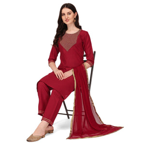 Maroon Embroidered Cotton Blend Kurti Pant Set With Dupatta