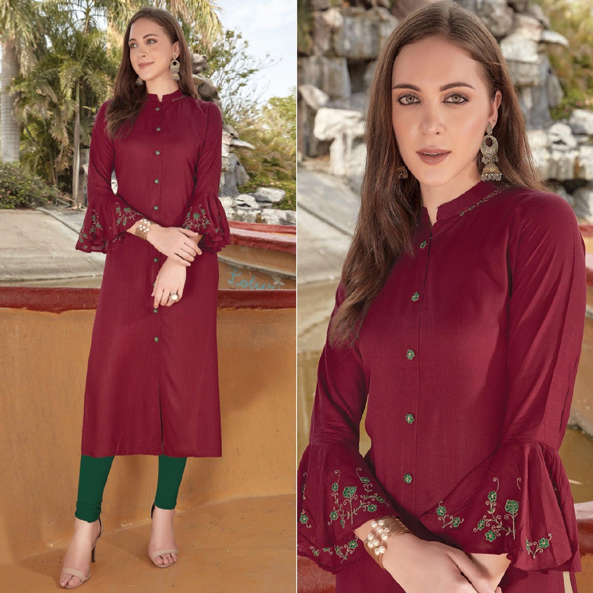 Maroon Embroidered Cotton Blend Kurti