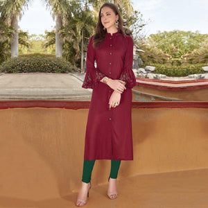 Maroon Embroidered Cotton Blend Kurti
